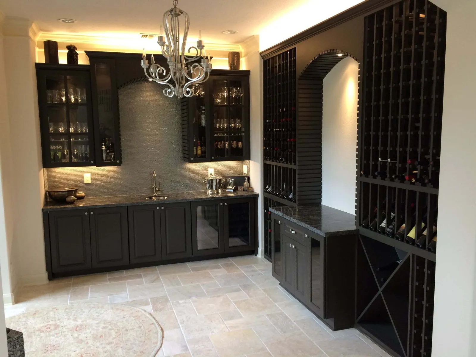 Custom bar cabinetry with wine storage