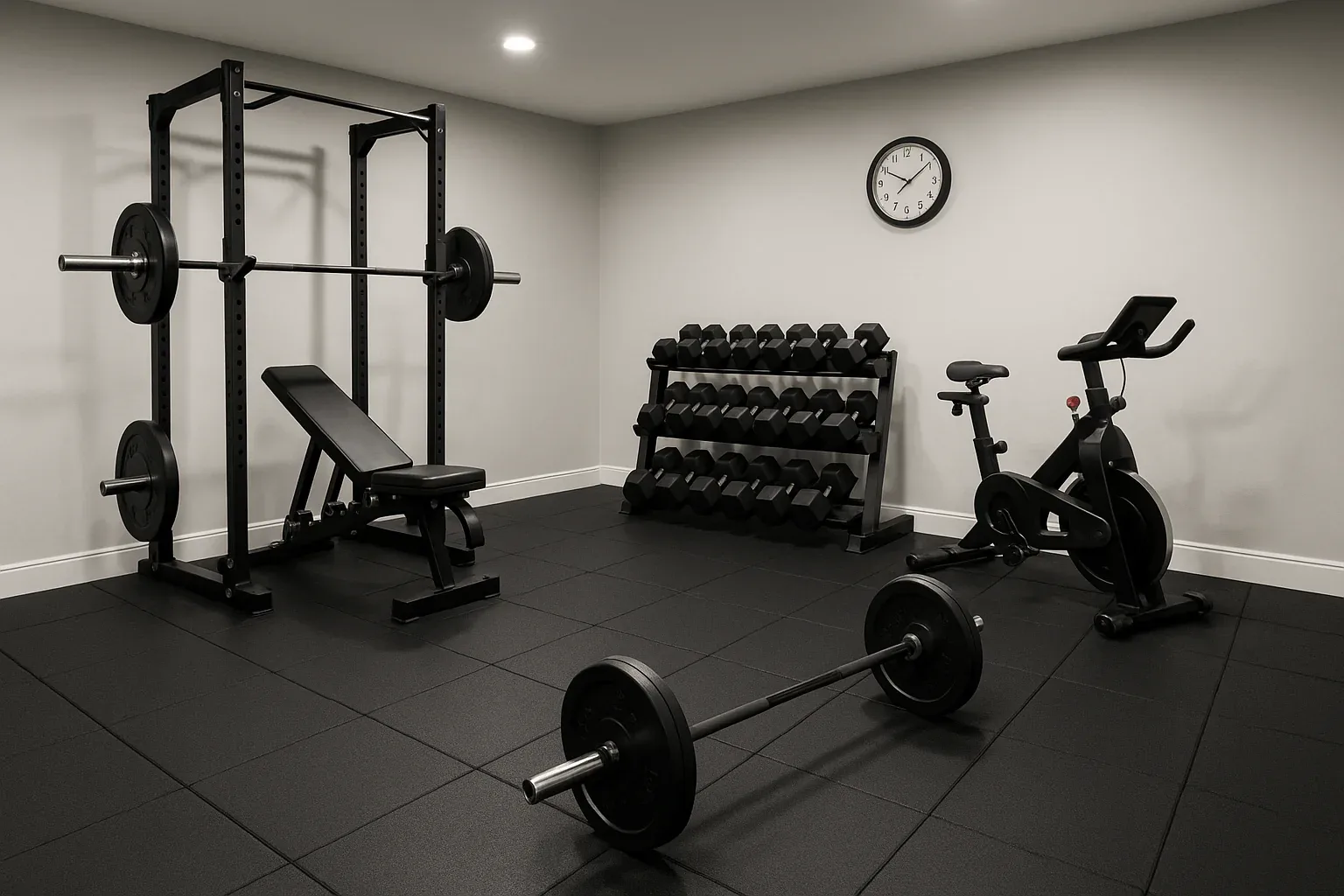Garage converted into a home gym with rubber flooring