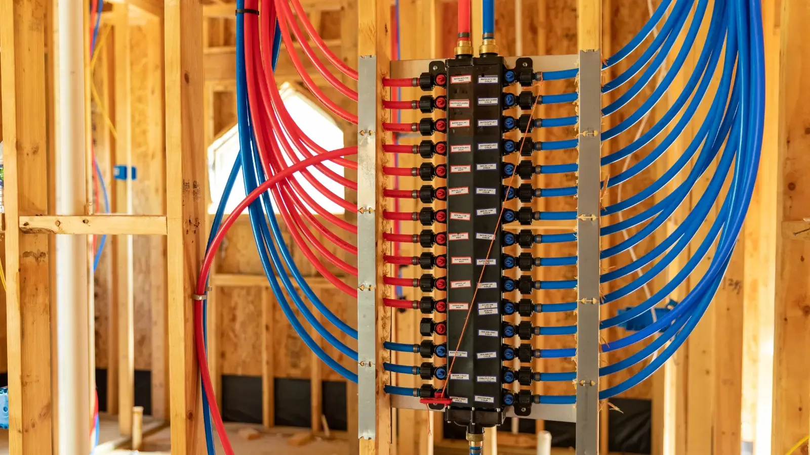 New PEX supply lines run through framing during a whole-house repipe