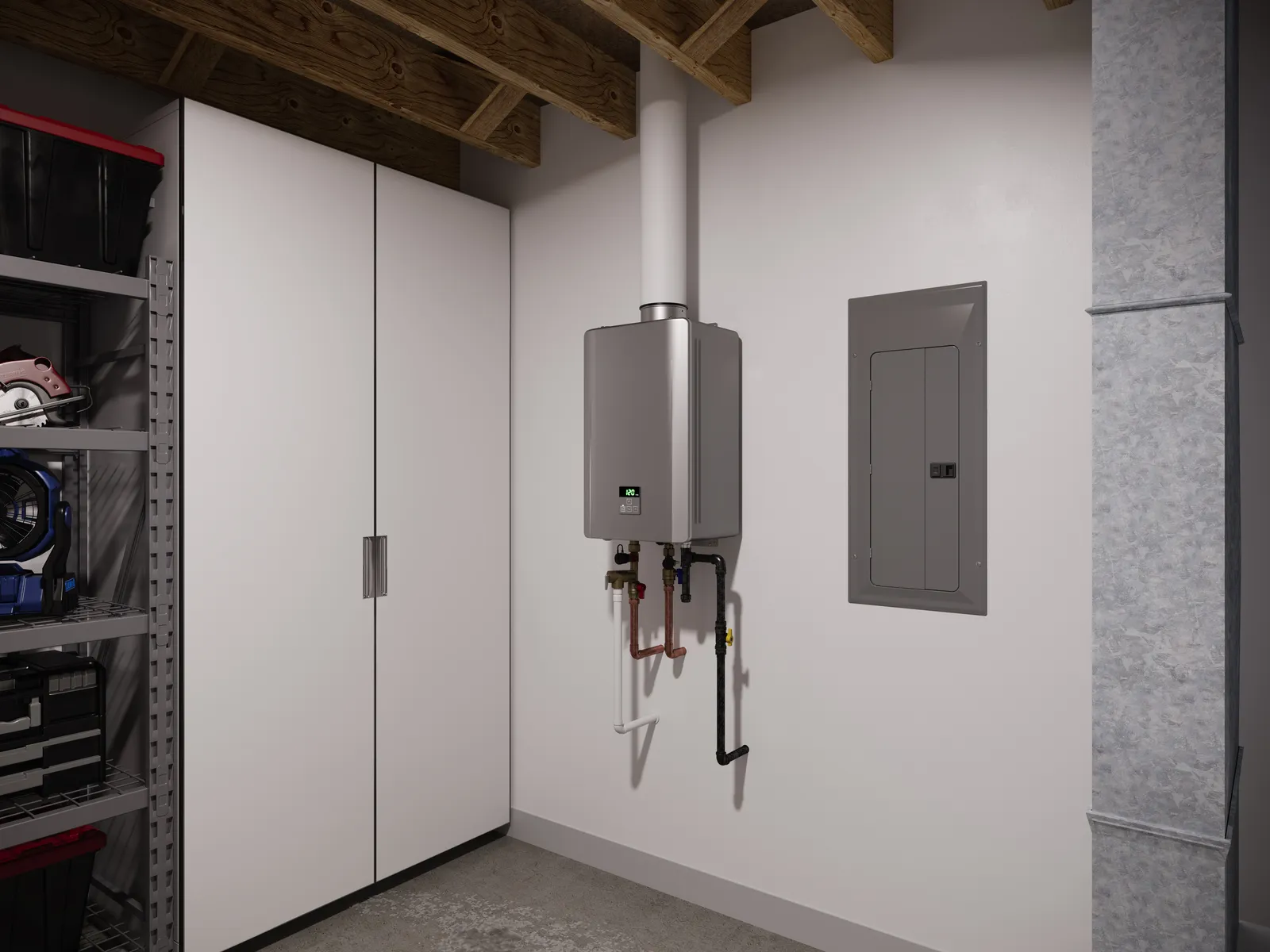 Tankless water heater mounted on a garage wall